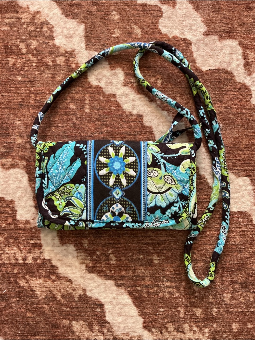 Quilted Floral Print Crossbody Bag - Blue & Green
